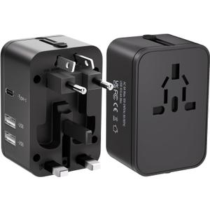 Travel Plug Adapter with 2 USB A+1 USB C,Universal All in One Worldwide Travel Adapter,Power Converters Wall Charger,AC Power Plug Adapter,International Power Adapter for USA EU UK AUS Black