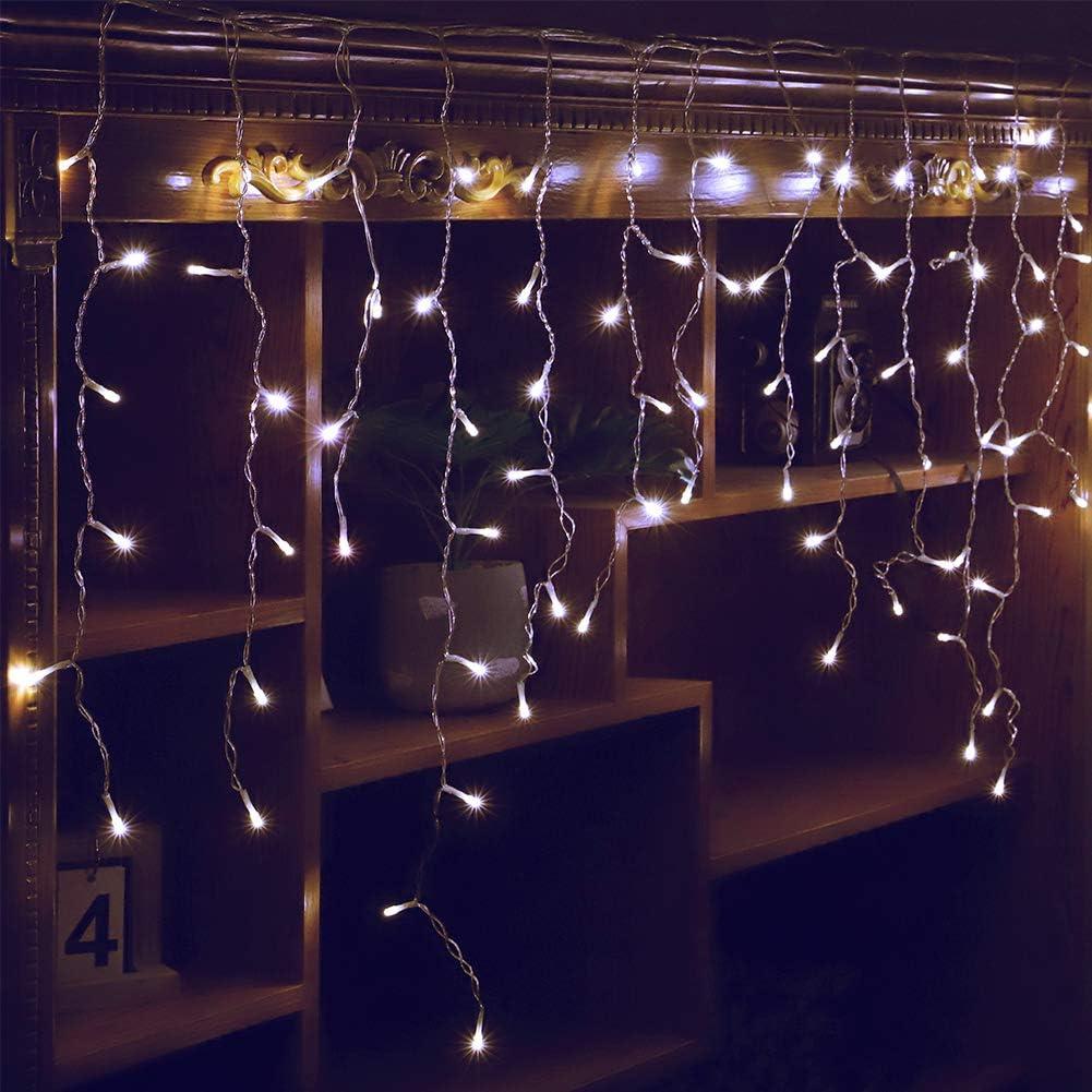 Qunlight Orangie 8 Modes LED Icicle Lights, 9.8 FT 96 LED Fairy String Lights Plug in Extendable Curtain Light String Christmas Lights for Bedroom Patio Yard Garden Wedding Party (Cool White)