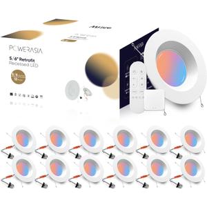 POWERASIA 12 Pack 5/6 Inch LED Retrofit RGB Recessed Lighting, 12W 1200LM Smart Can Lights, Recessed Lights 2700K-6000K Color Changing Compatible with Alexa Assistant, Hub INCL