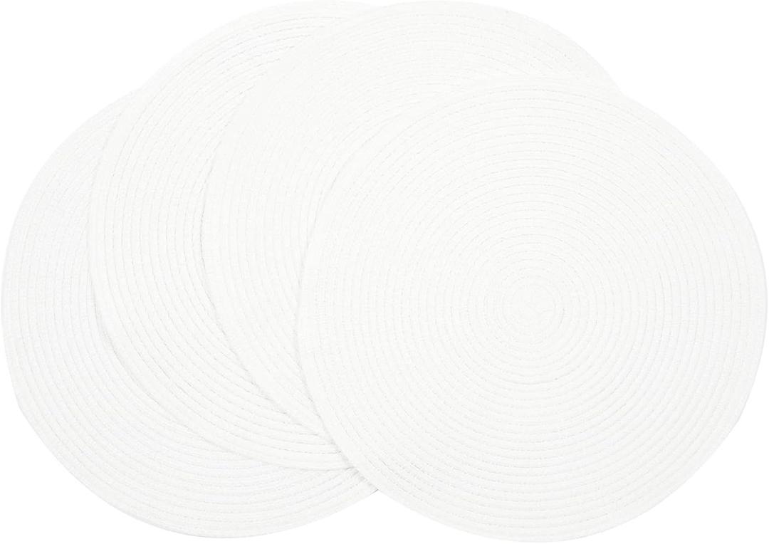 SHACOS Round Braided Placemats Set of 4 Washable Round Table Mats for Dining Table 15 inch (White, 4)