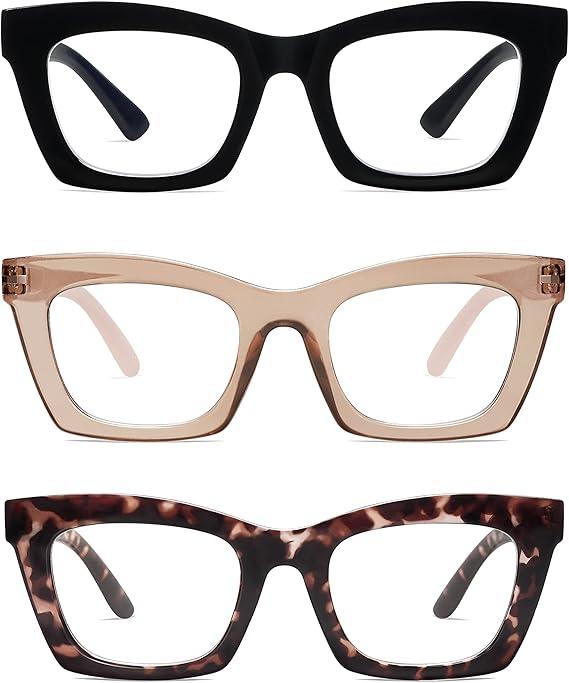 AMOMOMA Trendy Oversized Blue Light Stylish Readers for Women,Retro Square Cute Sturdy Computer Womens Reading Glasses AM6042 +1.5