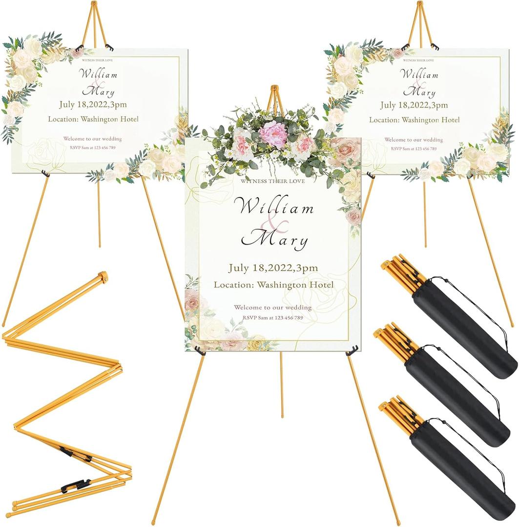 3 Pack Easel Stand for Wedding Sign & Poster 63" Foldable and Adjustable Floor Metal Easels for Display Painting Arts, with Portable Bag, Gold