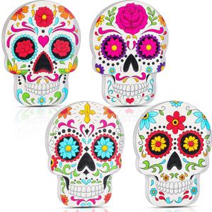 Thyle 4 Pieces Day of The Dead Sugar Skull Table Decorations Mexican Dia de Los Muertos Wooden Sugar Skull Signs Halloween Skull Centerpiece for Table Room Decor for Party Home