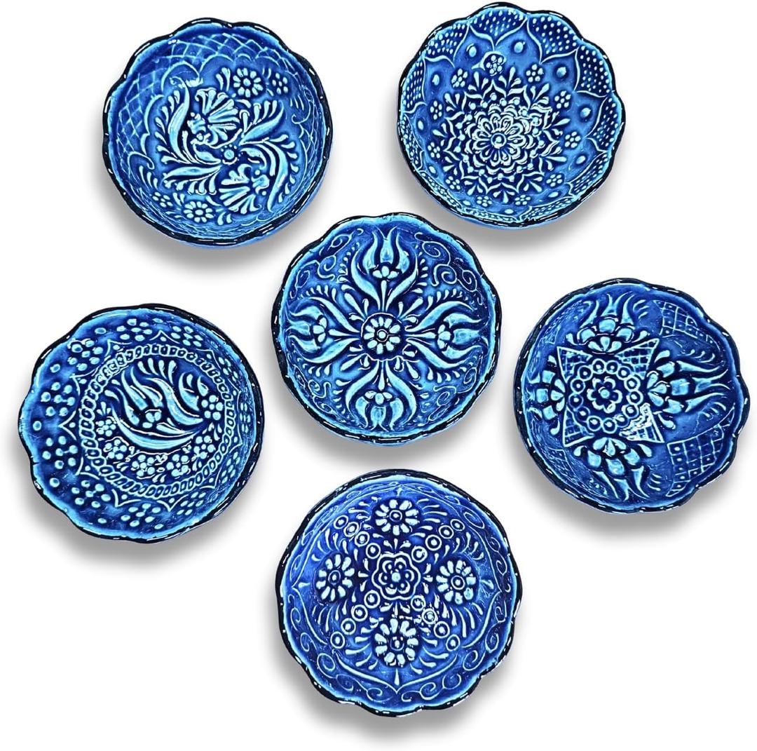 Handmade Decorative Turkish Ceramic Mini Pinch Bowls Set of 6  Small Dipping & Serving Sauce Bowls, Blue Charcuterie Accessories, Hand-Painted Floral Pattern Snack Dishes for Kitchen & Table Decor