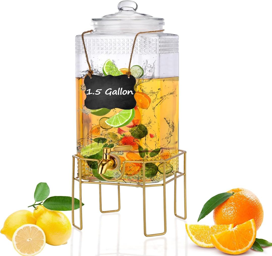 Drink Dispensers for Parties,1.5 Gallon Drink Dispenser,Beverage Dispenser with Stand,Glass Lid and Stainless Steel Spigot Leak-proof, Ideal for Lemonade,Juice, Tea, and Party Drinks