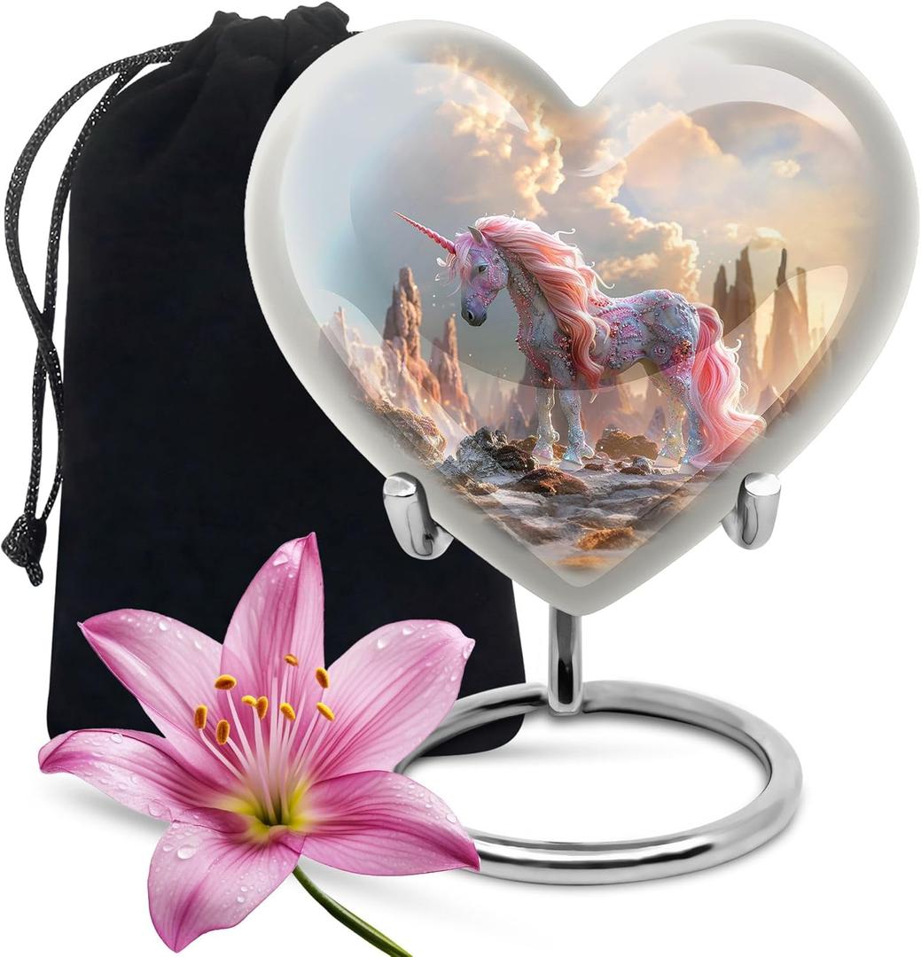 Unicorn Urn for Human Ashes Adult Female, Large Decorative Cremation Urn for Women, Heart Ashes Urns for Adults, Elegant Funeral Urns, 8 Inch