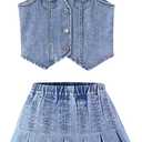MakeMeChic Girl's Y2K Two Piece Cute Outfits Denim Jeans Sleeveless Button Down Vest and Pleated Mini Skirt Set 8-12 Years (Blue) 
12Y