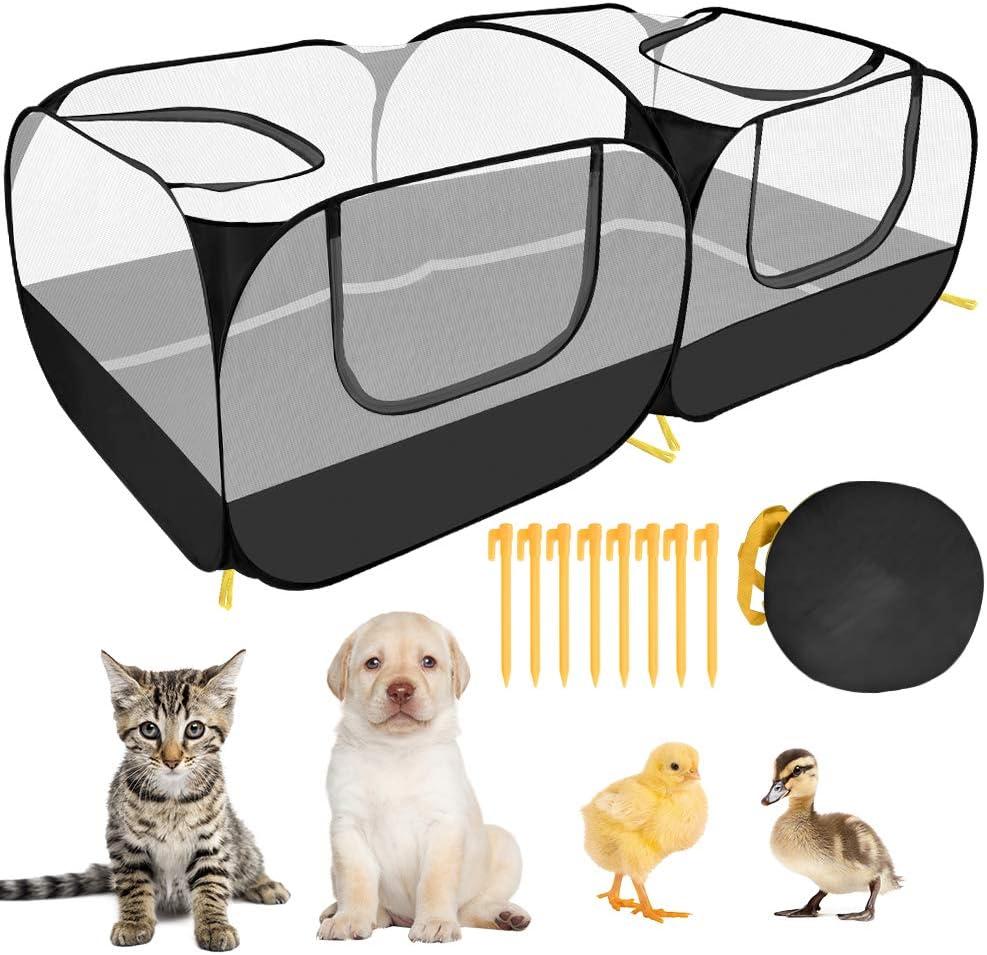 SlowTon Small Animals Playpen, Portable Large Chicken Run Coop with Detachable Bottom Breathable Transparent Mesh Walls, Foldable Pet Enclosure for Puppy Kitten Rabbits Indoor Outdoor (Black)