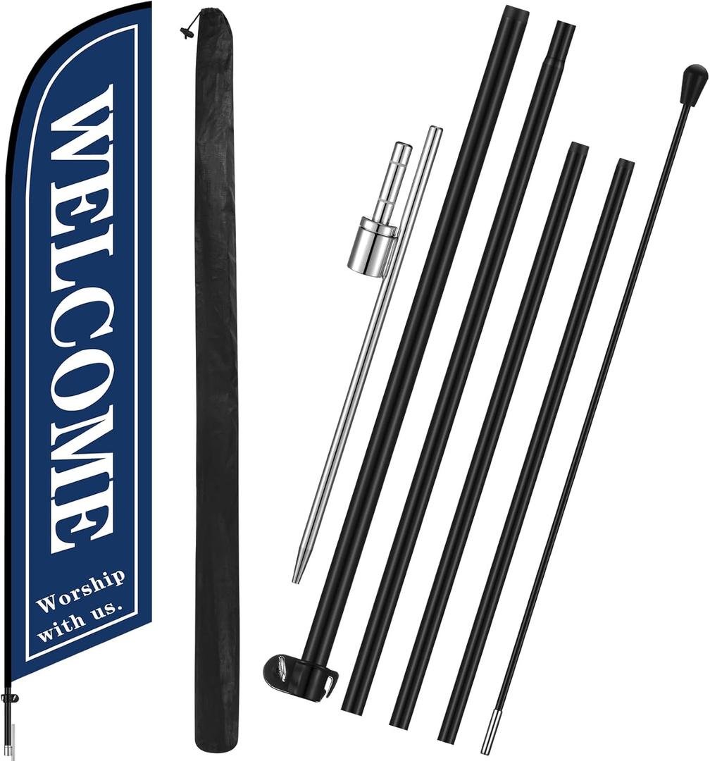CroBlissful Church Welcome Worship with Us Flag Feather Banner 15ft Welcome Flag for Outside Feather Swooper Sign with Pole Kit and Ground Spike, Sanctuary Church Decorations