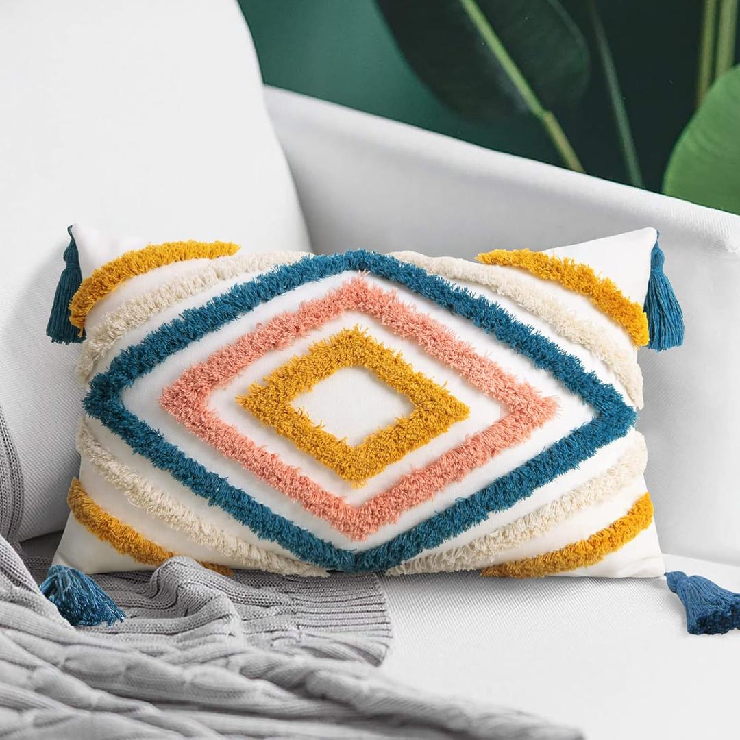JASEN Colorful Boho Throw Pillow Covers 12x20, Diamond Pattern Lumbar Pillow Covers with Tassel Woven Tufted Decorative Pillow Cover for Couch Sofa Bedroom Living Room (Blue)