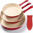 Enameled Cast Iron Skillet 3-Piece Set, Nonstick Heavy-Duty 11", 10", 8.6" Frying Pan, Oven & Induction Safe, Cookware for Gas, Electric, Ceramic Stovetops, Red