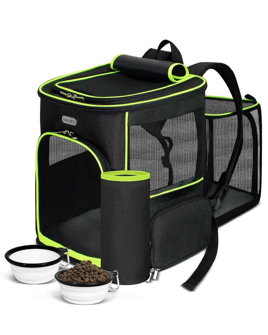 BAGLHER Expandable Cat Carrier Backpacks, Retractable Pet Carrier Backpack for Small Dogs & Cats with Breathable Mesh, Travel Bag Up to 18 Lbs for Hiking Camping Outdoor - Green