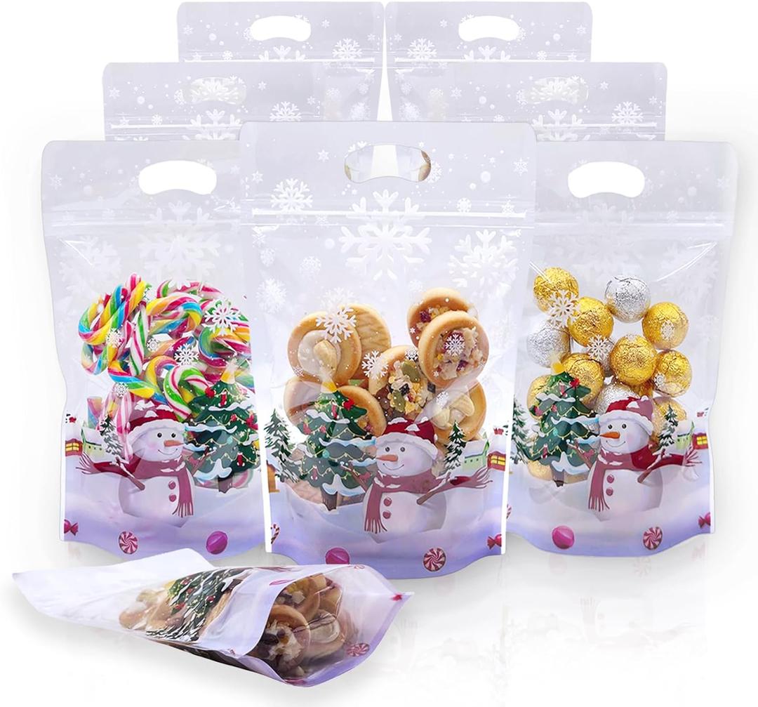 Rikolto Resealable Christmas Zip Lock Bags 50PCS Clear Christmas Cookie Snowman Plastic Sealing Bags with Handles for Xmas Holiday Party Candy Small Gift Wrapping Supplies Decor