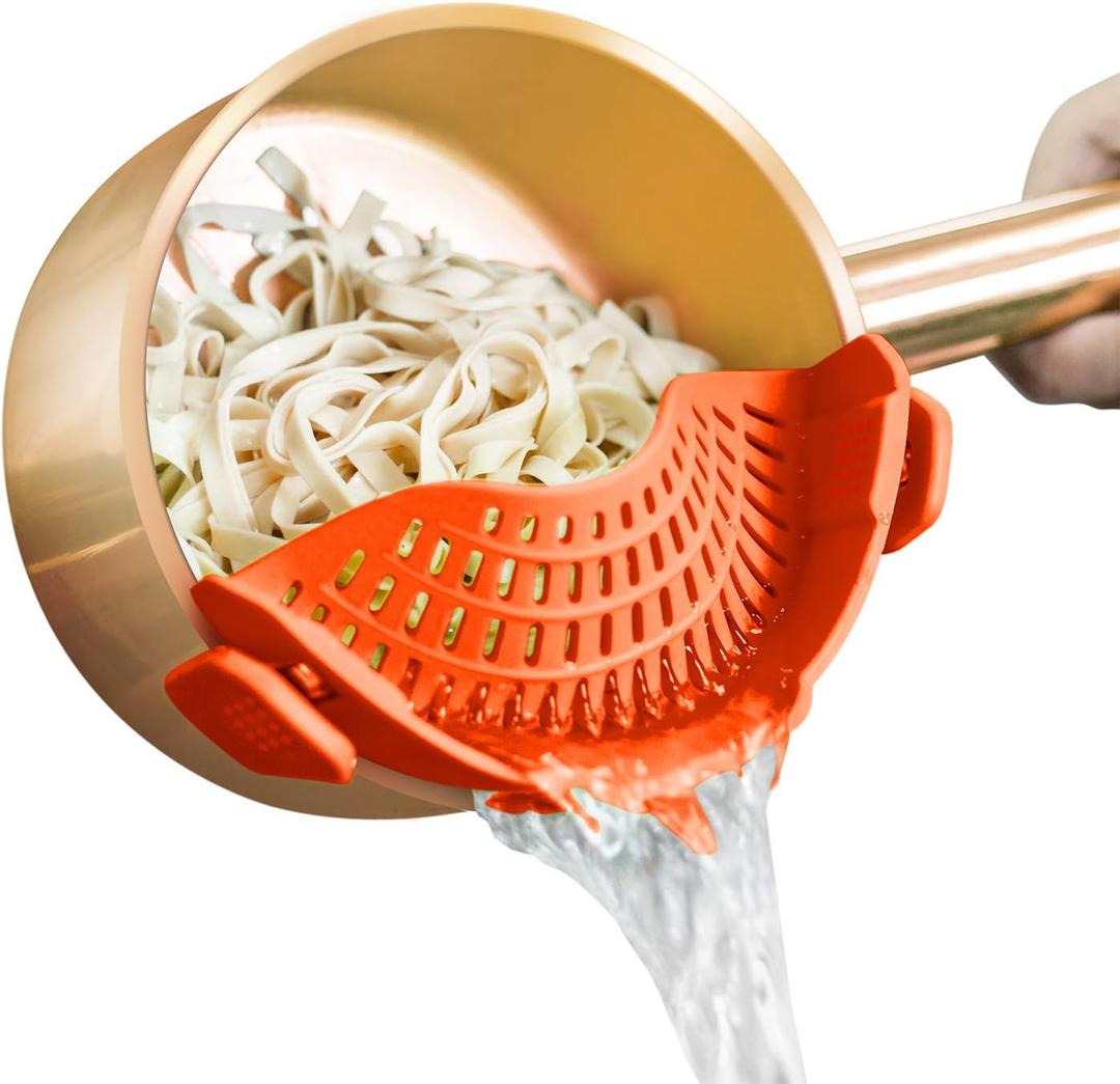 Clip On Strainer Silicone for all Pots and Pans, AUOON Pasta Strainer Clip on Food Strainer for Meat Vegetables Fruit Silicone Kitchen Colander (Standard 8.86 x 3.55 in, Orange)