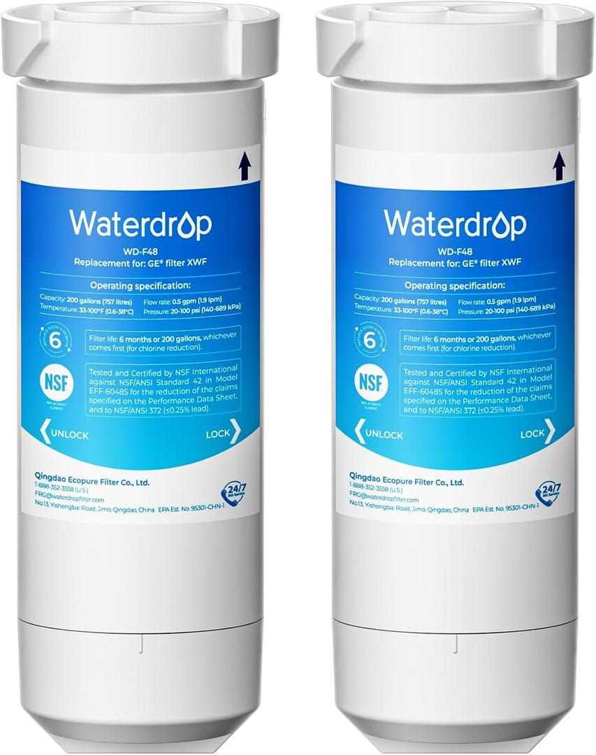 Waterdrop XWF Refrigerator Water Filter, Replacement for GE XWF, WR17X30702, NSF 42/372 Certified, Compatible with GE GNE27, GFE26, GDE25, GSS25, PSE25 Series Refrigerators, 2-Pack (Not XWFE)