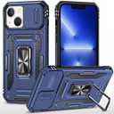 Case for iPhone 13/14 with Sliding Camera Cover & Kickstand, Heavy Duty Military Grade Protection Phone Case, Built-in 360° Rotate Ring Stand, Shockproof Full Body Rugged Case, Navyblue