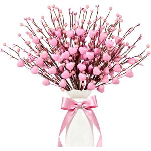 Valentine's Day Gifts 24 Pack Valentines Day Decorations 17 Inch Pink Heart Picks with Heart Shaped Berry for Valentine Anniversary Wedding Candlelight Dinner