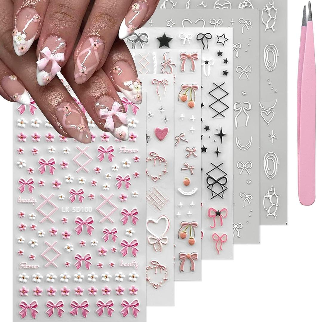 Bow Nail Art Stickers 5D Embossed Flower Nail Decals Spring Summer 3D Self Adhesive Bow Heart Nails Decoration Supplies for Women Nails Design