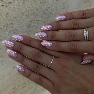 Polka Dot Press On Nails Short Almond Chrome Fake Nails with Cute Designs 24 PCS Reusable False Nails With Glue Tabs Full Cover Acrylic Stick on Nails for Women