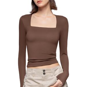 PUMIEY Long Sleeve Shirts for Women Dupes T Shirts Womens Fashion Going Out Tops Fall Outfits Brown Basic Tee, Chocolate, X-Small