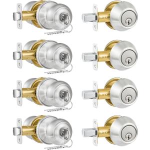 Plustool 4 Pack Exterior Door Lock Set, Satin Nickel Door Knob and Deadbolt Combo Set, Keyed Alike Entry Door Knobs with Lock&Keys, Round Ball Door Locksets with Deadbolt for Entrance and Front Door