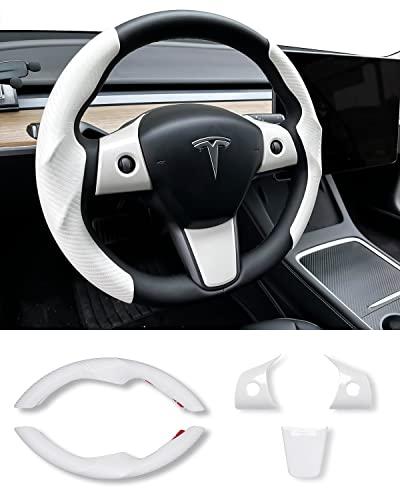 Uxcer Carbon Fiber Steering Wheel Cover & ABS Wrap Kit for Tesla Model 3 / Y Accessories White, Only 2 Piece