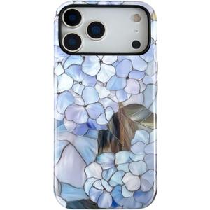 QLTYPRI Flower Case for iPhone 17 Pro Max, Aesthetic Cute Floral Phone Case for Girls Women, Protective Hybrid 2-Layer Hard Shell Silicone Cover Durable Shockproof Phone Cover - Blue Hydrangea