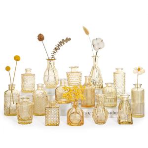 SUPMIND 16Pcs Glass Bud Vase Set, Small Flower Vases in Bulk for Centerpieces, Mini Vintage Amber Vase for Wedding, Home Decor, Table Decoration - Gold Amber