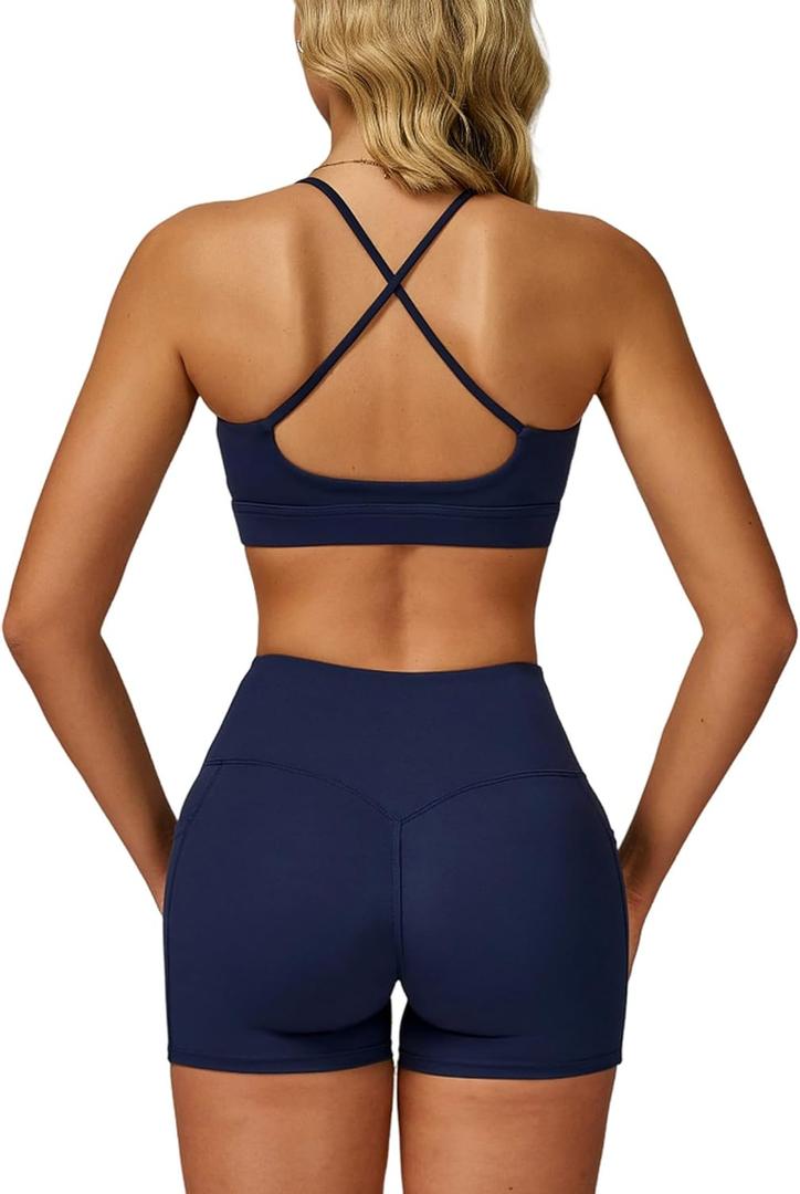 Women Two Piece Workout Sets Support Ruched Cross Back Sports Bras Matching Booty Lifting Shorts Gym Yoga Outfits (X-Small, Navy Blue_with Pocket)