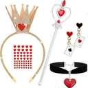 5 Pcs Queen Of Hearts Accessories for Women,Red Queen Of Hearts Costume Crown Wand Headband Necklace Earring sticker for Halloween Party Cosplay Dress Up/silver