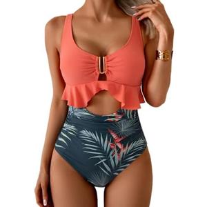 B2prity Womens One Piece Swimsuit Tummy Control Ruffled Bathing Suit V Neck Cutout Swim Suit Tie Back Swimwear, L