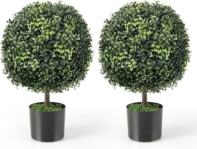 Goplus 22” Artificial Boxwood Topiary Ball Tree, Set of 2 Faux Potted Plants Artificial Shrubs Bushes with Cement Pot, Fake Evergreen Artificial Topiary for Indoor Outdoor Home Front Porch Decor 