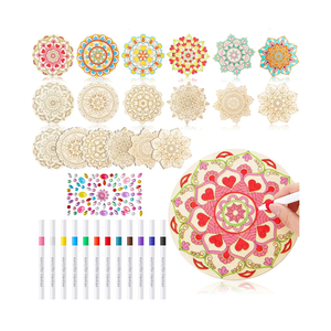 Fullhawl 31 Pcs Wooden Mandala Painting Set - 18 Unfinished Wood Cutouts, 12 Markers, 1 Gem Stickers for Adults DIY Crafts, Christmas, Back to School Gift,Wedding, Home Decors(Retro Style)