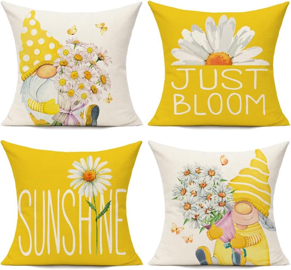 All Smiles Yellow Throw Pillow Covers 20x20 Set of 4 Outdoor Spring Summer Decorative Cushion Cases Home Dcor Decorations for Patio Couch Chair Sofa,Daisy Floral Gnomes