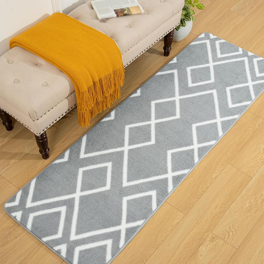 Soft Runner Rug, 2x6Ft Moroccan Non-Slip Carpet for Bedroom, Geometric Small Area Rugs with Memory Foam for Living Room Office Bedside Dorm Hallway, Grey and White