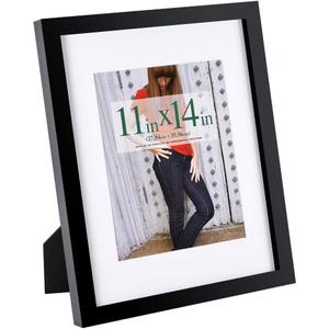RPJC 11x14 inch Picture Frame Made of Solid Wood and High Definition Glass Display Pictures 8x10 with Mat or 11x14 Without Mat for Table Top Display and Wall Mounting Photo Frame with Stand Black
