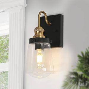 KSANA Black Gold Sconce, Modern 1-Light Wall Sconces Light with Clear Glass Shade and Electroplated Brass Finish for Bathroom, Kitchen, Bedroom and Stairway, 5" L x 6.3" W x 12.2" H