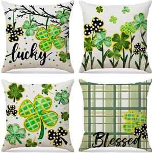 Spring Lucky Shamrock Throw Pillow Covers Green Clovers Pillowcase Watercolor Stripes Blessed Holiday Farmhouse Decorative Cushion Cases for Home Decoration 18x18 Set of 4