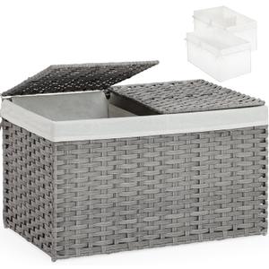 Storage Basket with Lid Rattan, Woven Storage Baskets with 2 Separate Lids, 17.2 Gallon (65 L), 22.2 x 13 x 13.8 Inches, Foldable, 2 Removable Liner Bags Handles for Bedroom, Laundry Room Gray