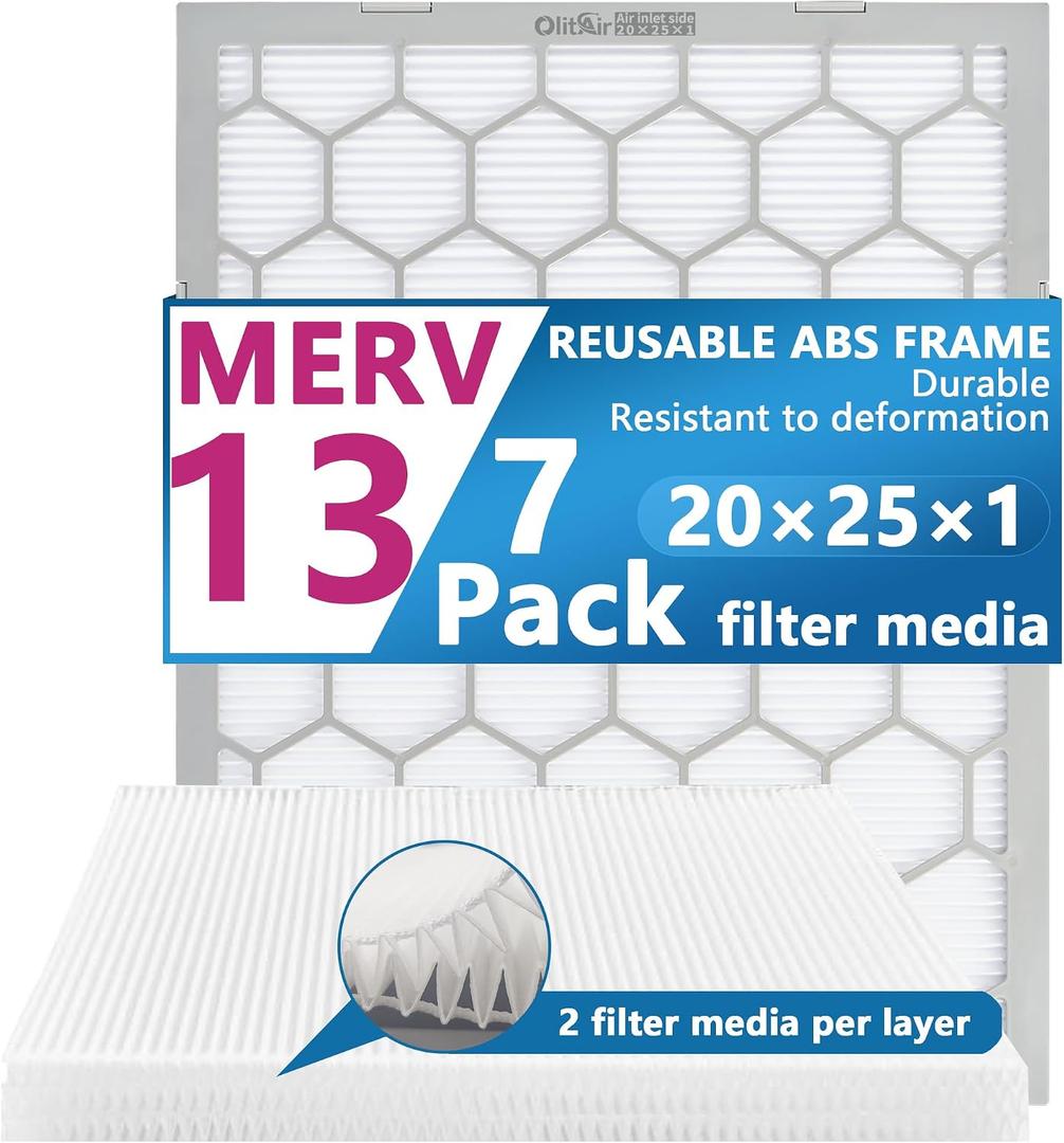 20x25x1 MERV 13 Air Filter,AC Furnace Air Filter,Reusable ABS Plastic Frame, 7 Pack Replaceable Filter Media (Actual Size: 19 3/4" x 24 3/4" x 3/4")