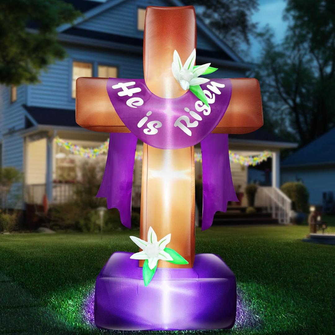 8 Ft Easter Inflatable Cross Outdoor Decoration, Blow Up He is Risen Yard Decorations with Built-in LED Lights Easter Party Decor Yard Garden Lawn Indoor Outdoor Home