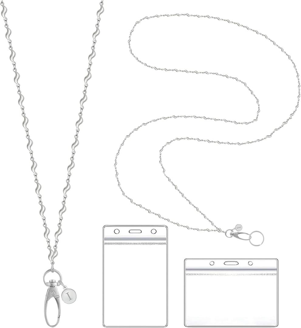 A-Z Letter Corrugate Stainless Steel Chain Lanyards for ID Badges Holder Keys Teacher Nurse Cruise Women Gifts with 2 Pieces ID Card Badge Holder