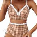 Herseas Women's Splice Ruffle Trim Bikini Sets V Neck Lace Up Side 2 Piece Swim Suits Swimsuits High Waisted Bathing Suits Teen Girls Gingham Retro Classic Beach Vacation Clothes Small