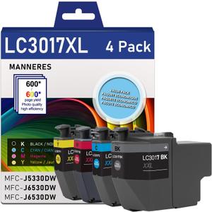 LC3017XL (BK/C/M/Y) High Yield Ink Cartridge 4-Pack (1 Each LC3017BK, LC3017C, LC3017M, LC3017Y) Compatible for Brother LC3017 LC3019 XL Ink Cartridges MFC-J5330DW MFC-J6530DW MFC-J6530DW Printer