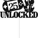 2 x Glitter Level 25 Unlocked Cake Topper, Happy 25th Birthday Cake Toppers, Vintage Game Controller Birthday Party Decorations Black