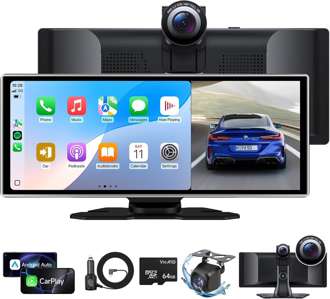 Wireless Portable Carplay Screen for Car, 11.26 inch A-pple Carplay & Android Auto HD Touchscreen with 4K Dash Cam, 1080P Backup Camera, GPS Navigation, Bluetooth, Siri, FM, Mirror Link