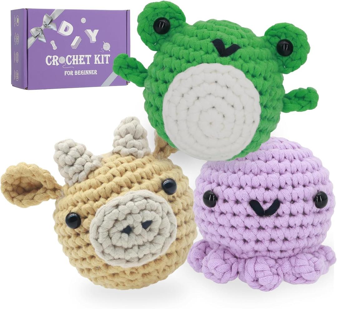 Auoinge Crochet Kit for Beginners Kids, Learn to Crochet Kits for Starters with Step-by-Step Video Tutorials, Knitting Kit for Adults, Amigurumi Family - Octopus Cow Frog (3 Pack)