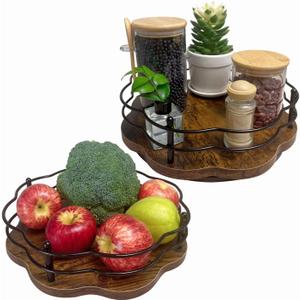 2 Pack, 11" & 12" Wooden Lazy Susan Turntable with Higher Metal Sides, 360 Rotating Lazy Susan Organization and Storage for Cabinet, Table Top, Kitchen, Countertop, Dining Table, Pantry, Coffee Bar, Dark Brown 