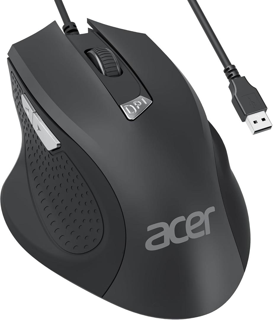 acer Wired Mouse, 4 Adjustable DPI USB Computer Mouse with Side Buttons, 5FT Cord, 6 Buttons, 3200 DPI, Compatible with Laptop, iMac, PC, Desktop