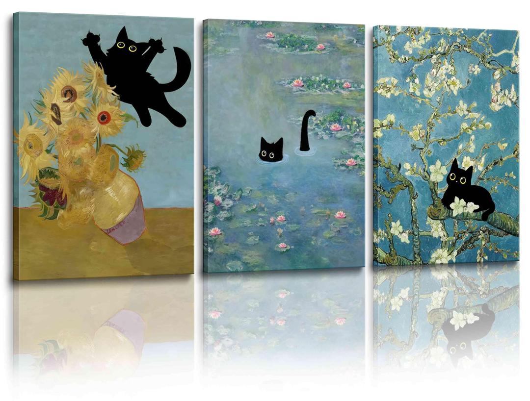 3 Piece Funny Black Cat 3 Piece Posters, Cat Pictures in Vintage Water Lilies, Almond Blossom Cute Cat Canvas Wall Art by Fantasy Artist Van Gogh, Black Cat Art Wall Decor for Bedroom Living Room Bathroom Art Prints 12x16 Inches. Unframed